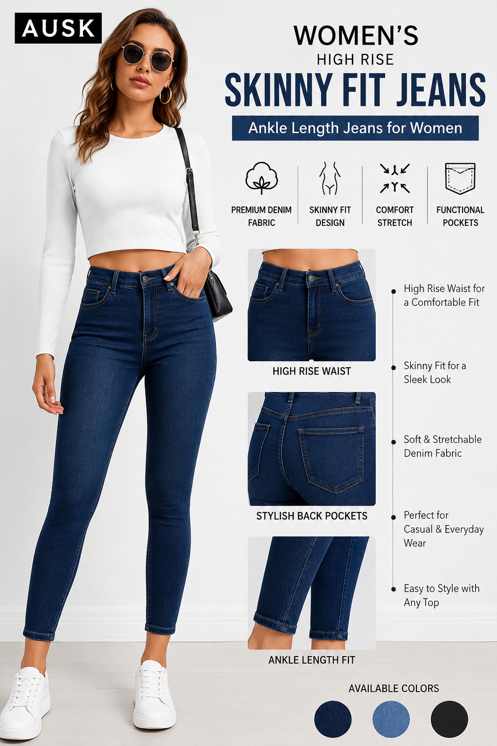 AUSK Women's High Rise Skinny Fit Jeans for Women | Stretchable Ankle Length Denim Jeans | Stylish Slim Fit Casual Blue Jeans